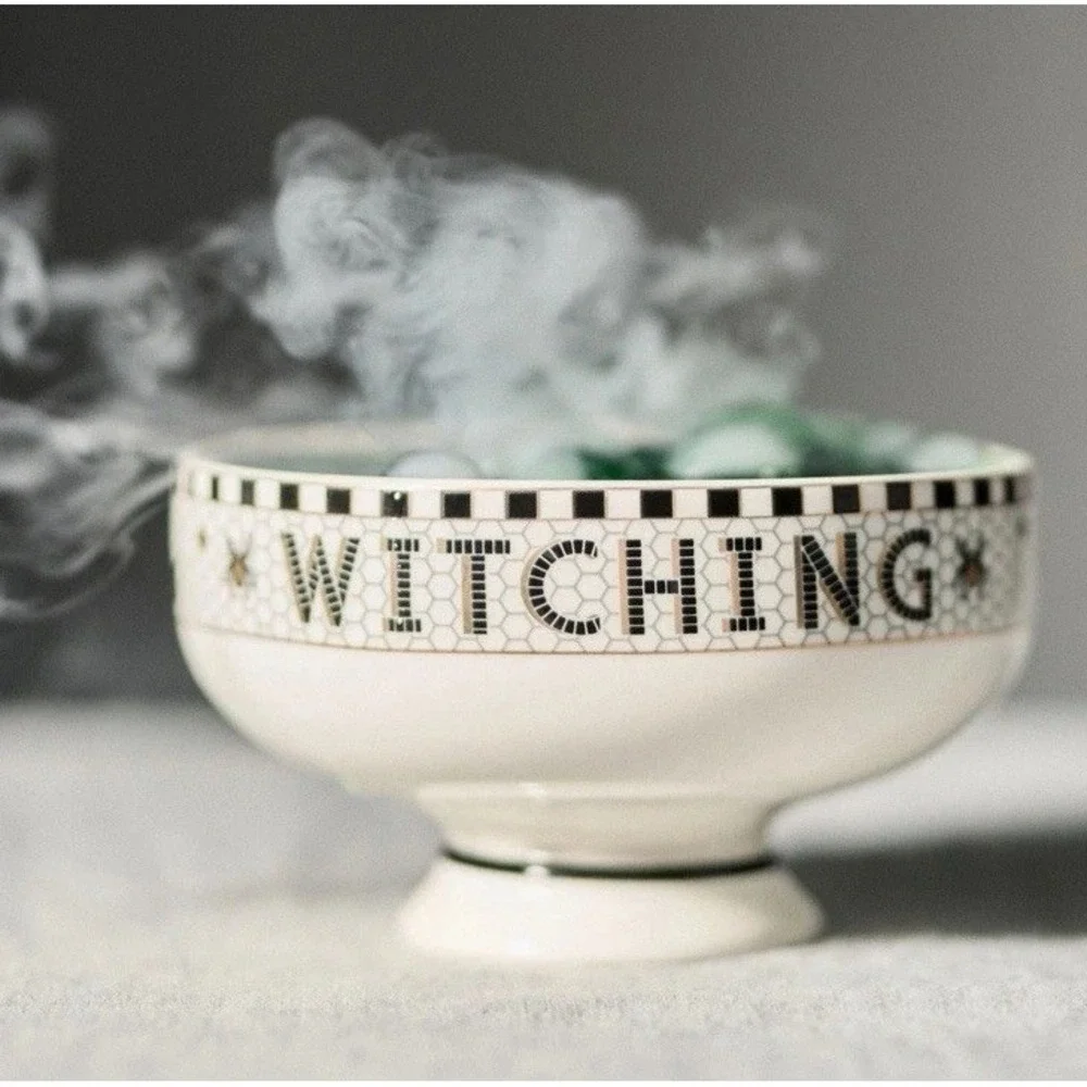 Anthropologie Bistro Tile Nut Bowl Set 2 Halloween Witch Cat & Bat Dessert Black